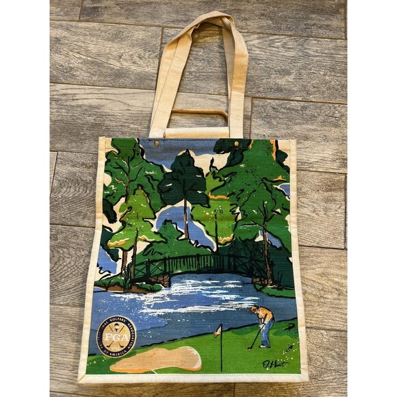 PGA Tour Golf Tote Bag Canvas Artist Signed Wood Handles Art Collectible New Vtg - Picture 1 of 9